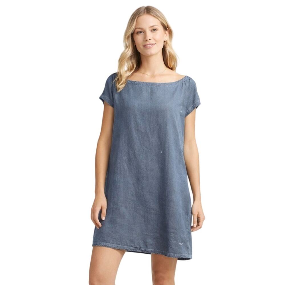 CUYANA Mini Dress/Tunic in Navy Blue Size Medium Linen Blend Flutter Sleeves